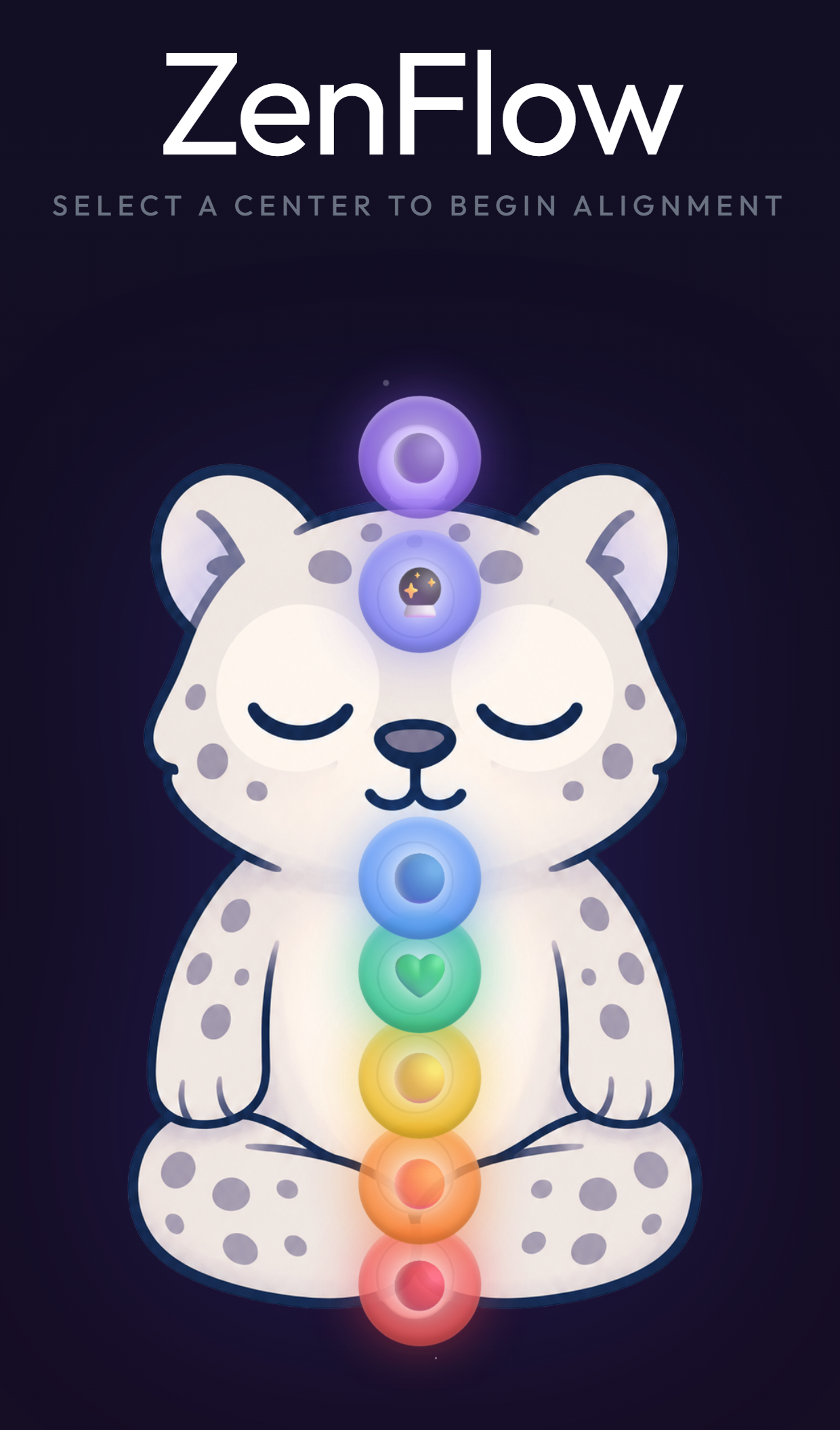 ZenFlow meditation screen with a seated companion and seven chakra choices